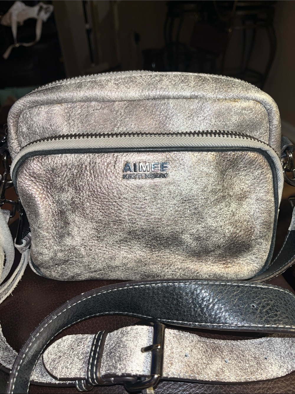 EUC Aimee Kestenberg Distressed Metallic leather Crossbody